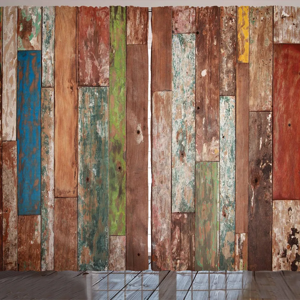 ARANDE Tenda rustica, stampa con assi sporche, effetto invecchiato, illustrazioni vintage a tema architettonico, 280 x 175 cm, multicolore