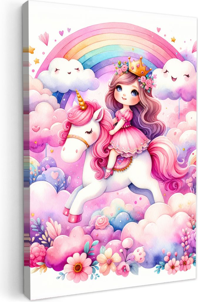 Leinwand Bilder 20x30 cm - Kinder Mädchen - Einhorn - Prinzessin, Bilder Wohnzimmer Modern, Wanddeko
