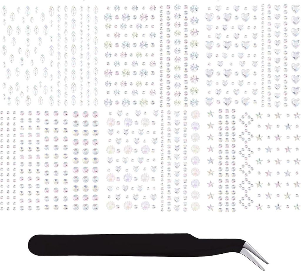 6 Blatt Strasssteine Selbstklebend, Silber, Runde Glitzersteine für Gesichts, Nägel Deko Und Urlaubszubehör, mit 1 Pinzette