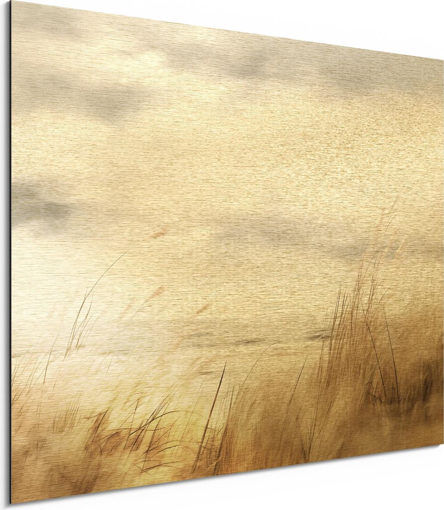 DEQORI Alu-Dibond Bild Gold 80x60 cm 'Melodie der Nordsee' Wandbild Metall dünn Design