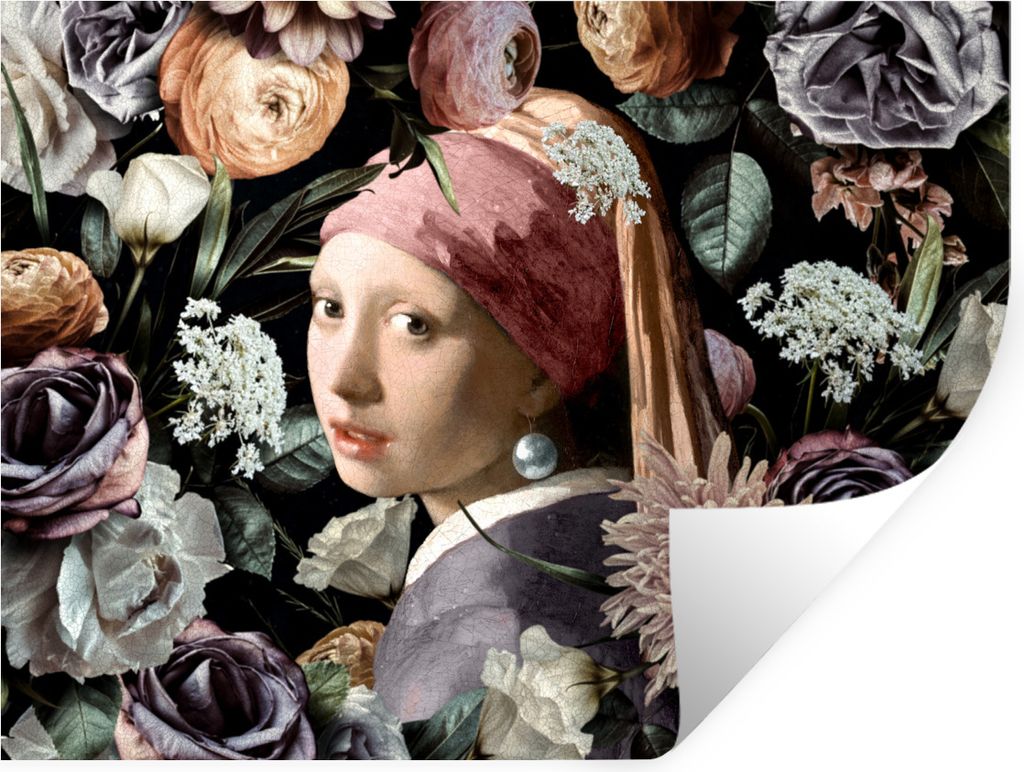 MuchoWow Wandtattoo Wandsticker Wandaufkleber Mädchen mit Perlenohrring - Blumen - Vermeer - Pastell - Kunstwerk - Gemälde - Alte Meister 160x1...