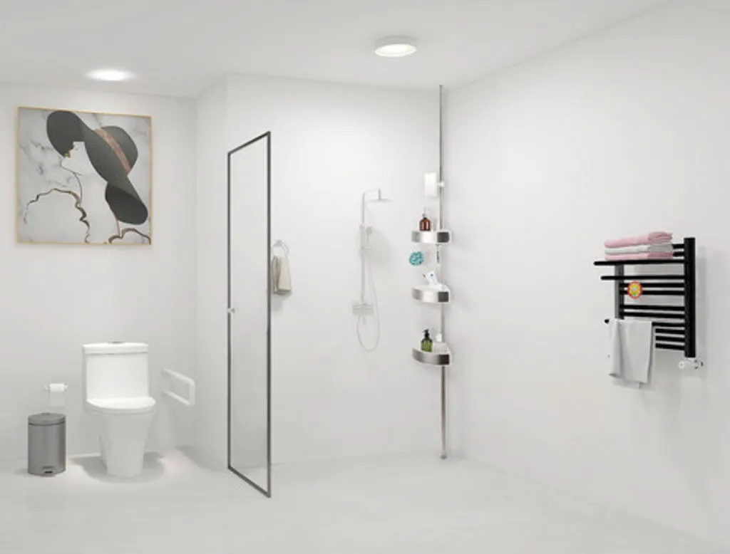 Solution gain de place douche : tablette d'angle télescopique avec miroir
