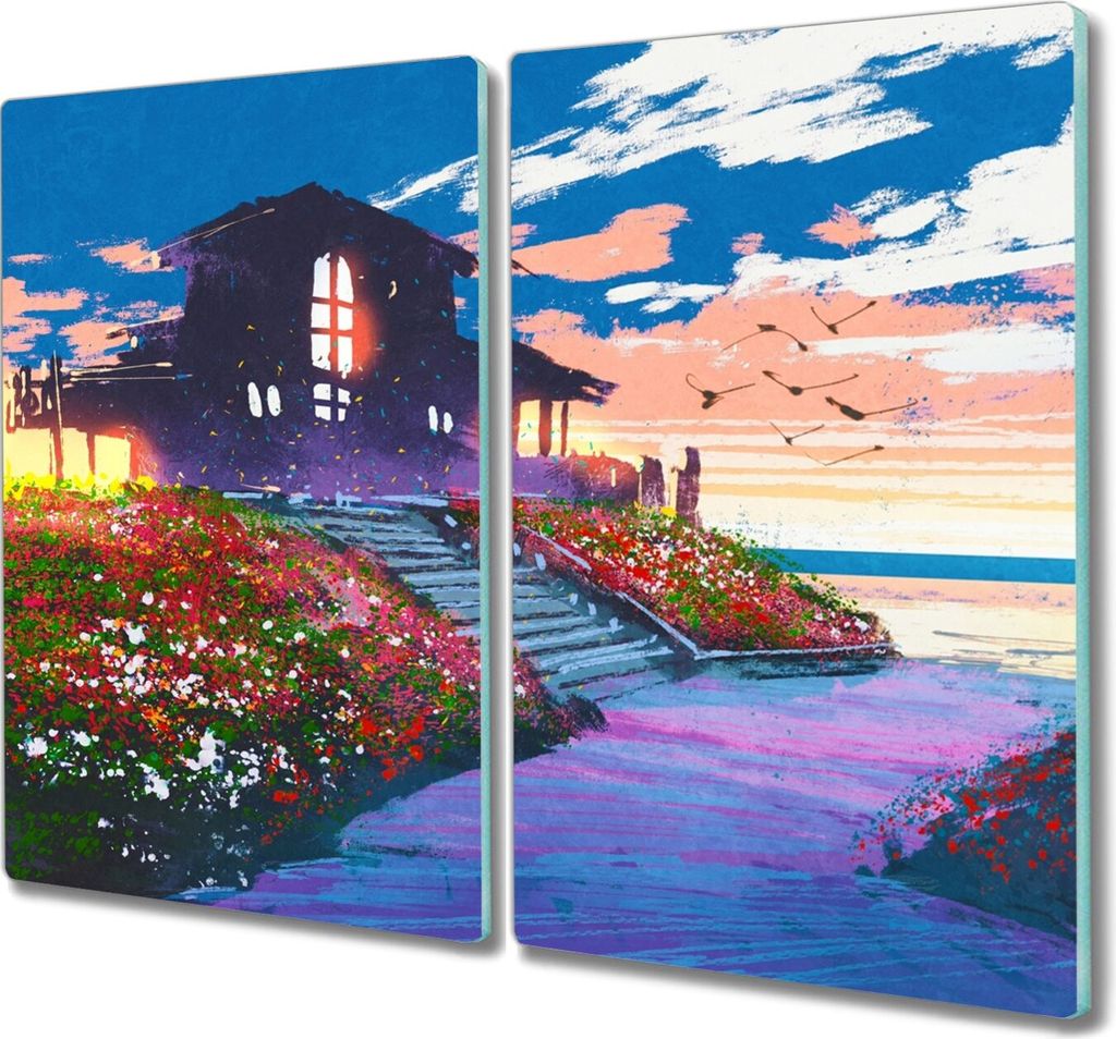 Coloray Herdabdeckplatte 2x30x52 cm Schneidebrett Kochplattenabdeckung Küchenbrett Hackbrett - Blumen Himmel