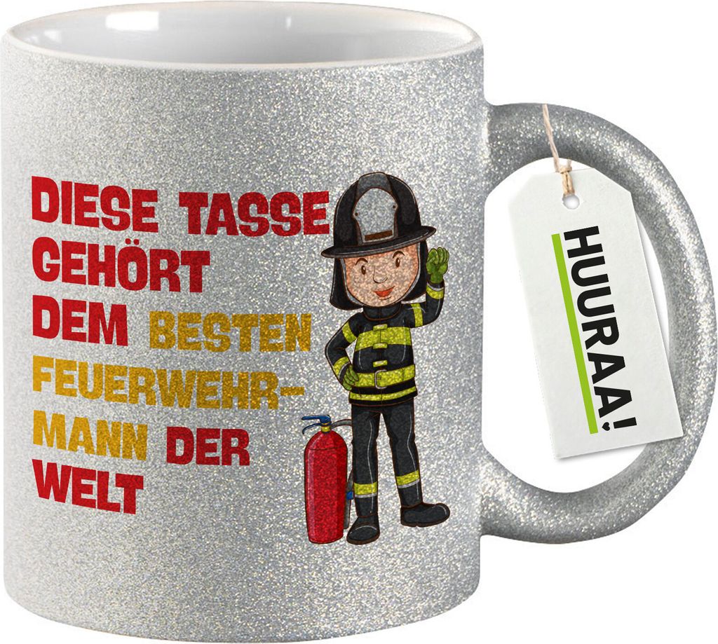 Huuraa Glitzertasse Tasse gehört dem besten Feuerwehrmann der Welt 330ml Silber Keramik Kaffeebecher Geschenkidee