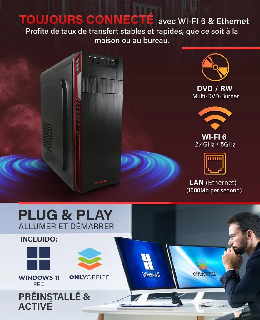 PC Fixe Greed Basic V2 - AMD Ryzen 5 4600G - 8Go RAM - 256Go SSD - Win 11 - 5