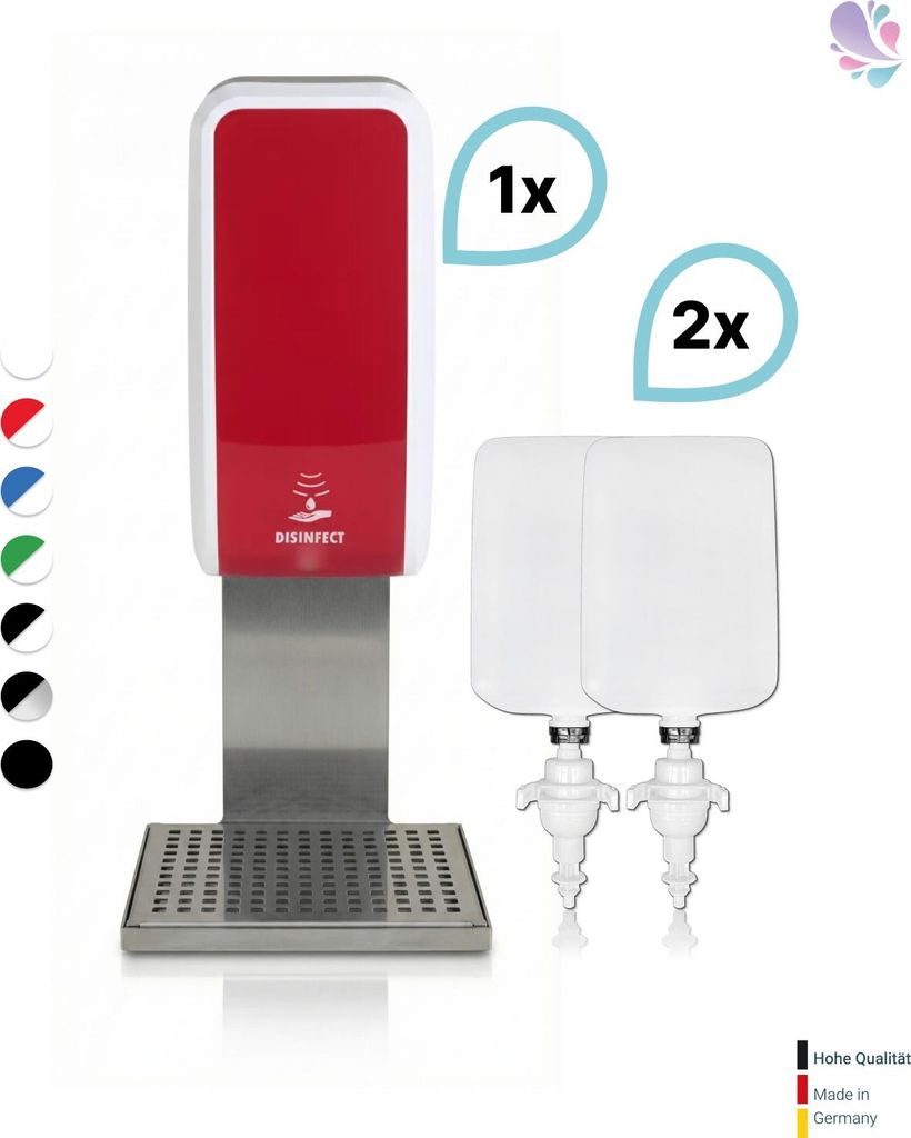 SET: Desinfektionsspender SENSOR Cosmos (berührungslos) +2x1L Händedesinfektion+Edelstahlhalterung mit Auffangschale Wandmontage : Farbe - Rot / ...
