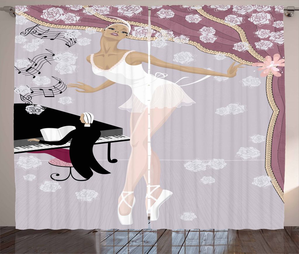 ABAKUHAUS Ballett Rustikaler Gardine, Alter Ballsaal und Pianist, Schlafzimmer Kräuselband Vorhang mit Schlaufen und Haken, 280 x 245 cm, Mehrfarbig