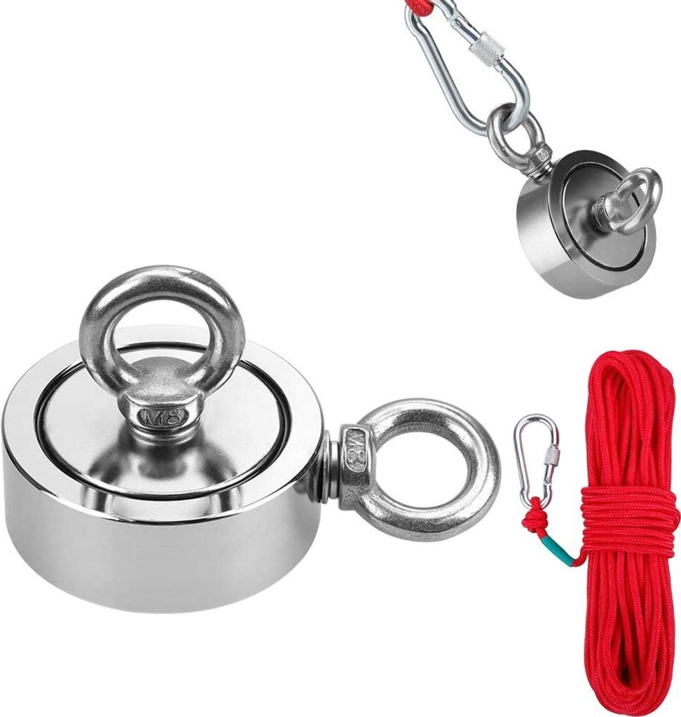 Two magnetic fishing kits are shown against a white background. One kit is larger and in the foreground, showing the magnet with an eye bolt attached. The other kit, in the upper right, is smaller and shows the magnet with a carabiner and rope attached.