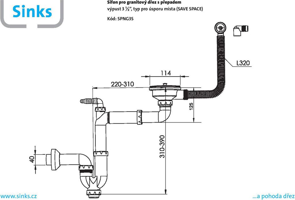 Sinks Sifon 3 1/2" pro granit. dřezy s úsporou místa Obrázek produktu 