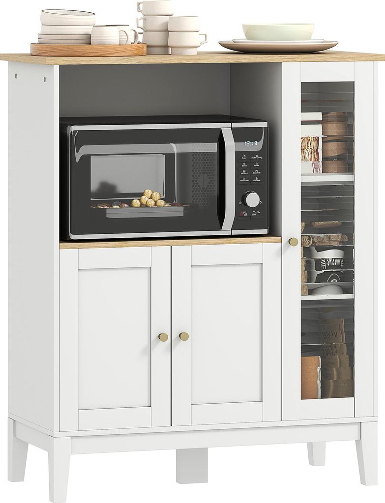 Mikrowellenschrank für die Küche mit einer Nische, drei Kabelführungstüren, 80 x 35 x 97 cm, weiß mit Holzoptik