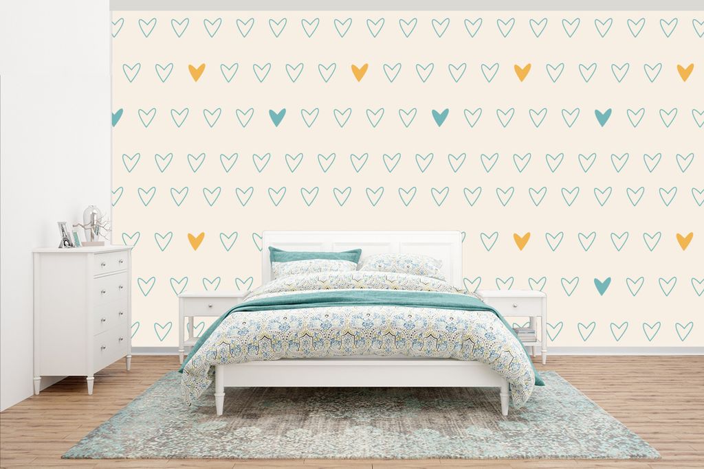 MuchoWow Fototapete für Wohnzimmer oder Schlafzimmer Wandtapete Vinyl Motivtapete Minimalismus - Muster - Baby - Herz - 465x260 cm - Hintergrund...