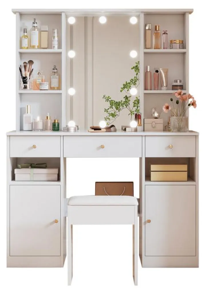 Grande coiffeuse blanche avec éclairage LED réglable et large miroir