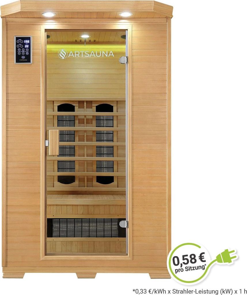 Artsauna Infrarotkabine Oslo - Wärmekabine mit Keramikstrahler & LED-Farblichttherapie für 2 Personen - Infrarotsauna 120x100 cm aus Hemlockholz
