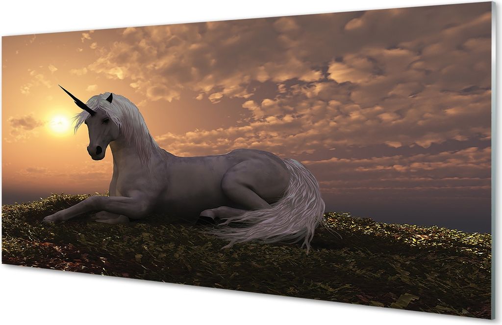 Glasbilder 100x50 Wandkunst Einhorn Berg Sonnenuntergang