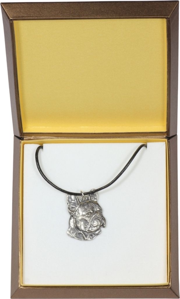 Französische Bulldogge I - Hundehalsband in Geschenkbox, versilbertes Medaillon für Hundefans, markanter Anhänger der Marke Art-Dog