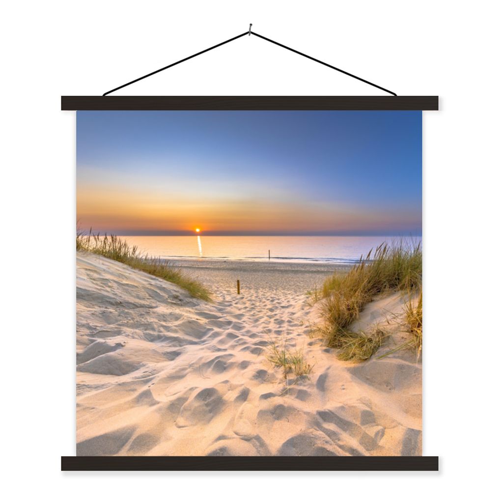 MuchoWow Textilposter Düne - Sonnenuntergang - Horizont - Strand - Gras 90x90 cm mit schwarzem Rahmen - Magnetisches