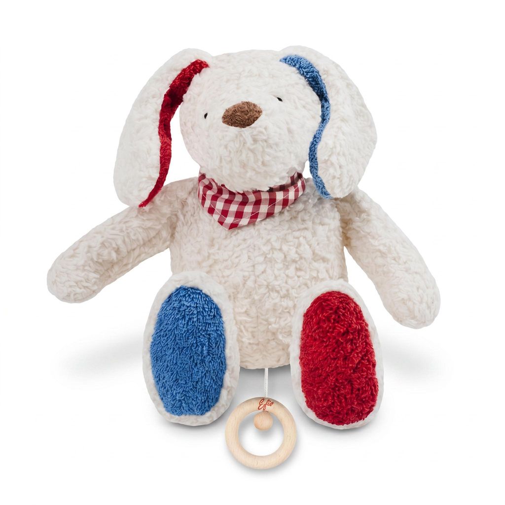 Efie Baby Spieluhr Hund – Melodie Sandmann lieber Sandmann, Kuschelspieluhr aus kbA Baumwolle, Germany