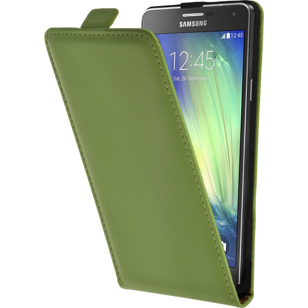 PhoneNatic Kunst-Lederhülle kompatibel mit Samsung Galaxy A7 (A700) - Flip-Case grün + 2 Schutzfolien