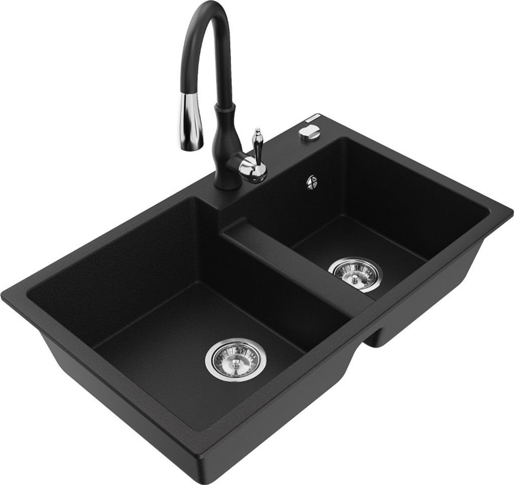 Mexen Tomas 2-Becken-Granitspüle mit Mischbatterie Savita, Schwarz - 6516-77-672601-70