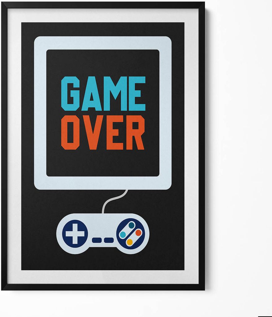 Beschriftung für einen Spieler „Game over“– Wandbild mit Rahmen – Gerahmtes Bild – Wanddekoration – 70x100 cm – Schwarz Rahmen