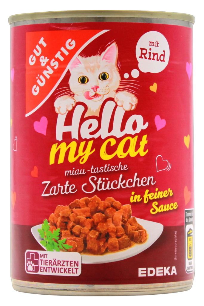 Hello my cat Katzenfutter Zarte Stückchen in feiner Sauce mit Rind, 20er Pack (20 x 415g Dose)