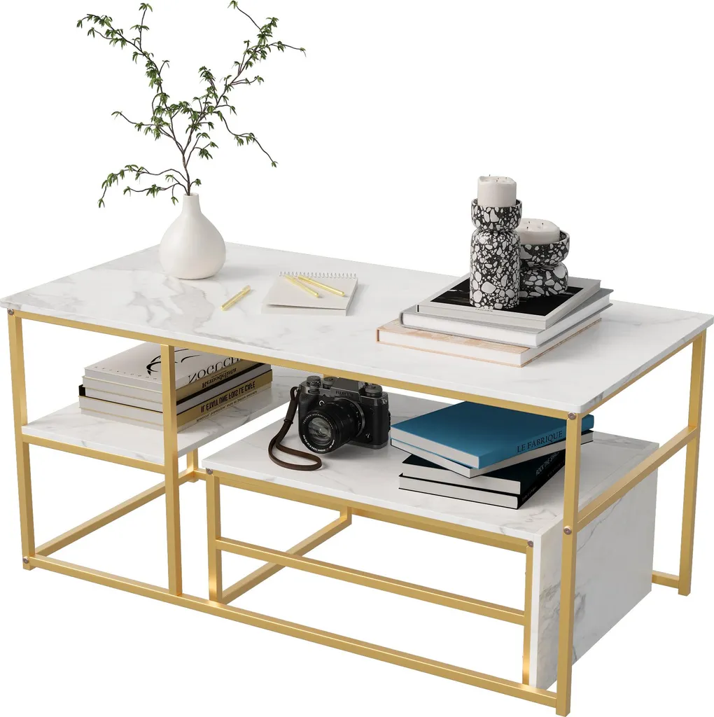 Tavolino Soggiorno UnboxG Marmo e Metallo - Design 2 Ripiani 105cm