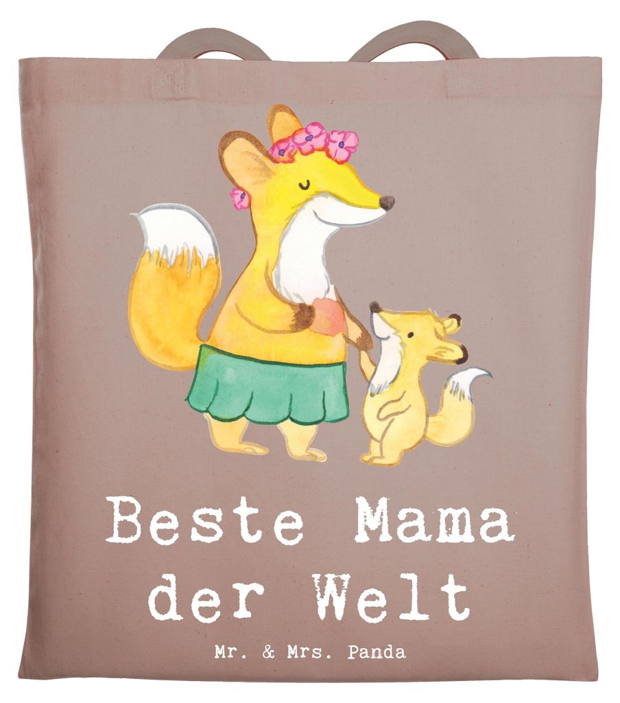 Mr. & Mrs. Panda Tote Bag Fuchs Beste Mama der Welt - Braun Pastell - Geschenk, Stoffbeutel, Laptoptasche, Muttertag, Danke, Schultasche, Jutebeute...