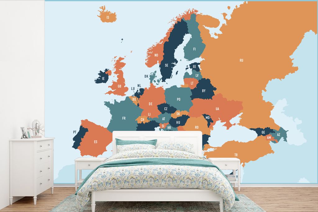 MuchoWow Fototapete für Wohnzimmer oder Schlafzimmer Wandtapete Vinyl Motivtapete Karte - Europa - Orange - 525x350 cm - Das Hintergrundbild