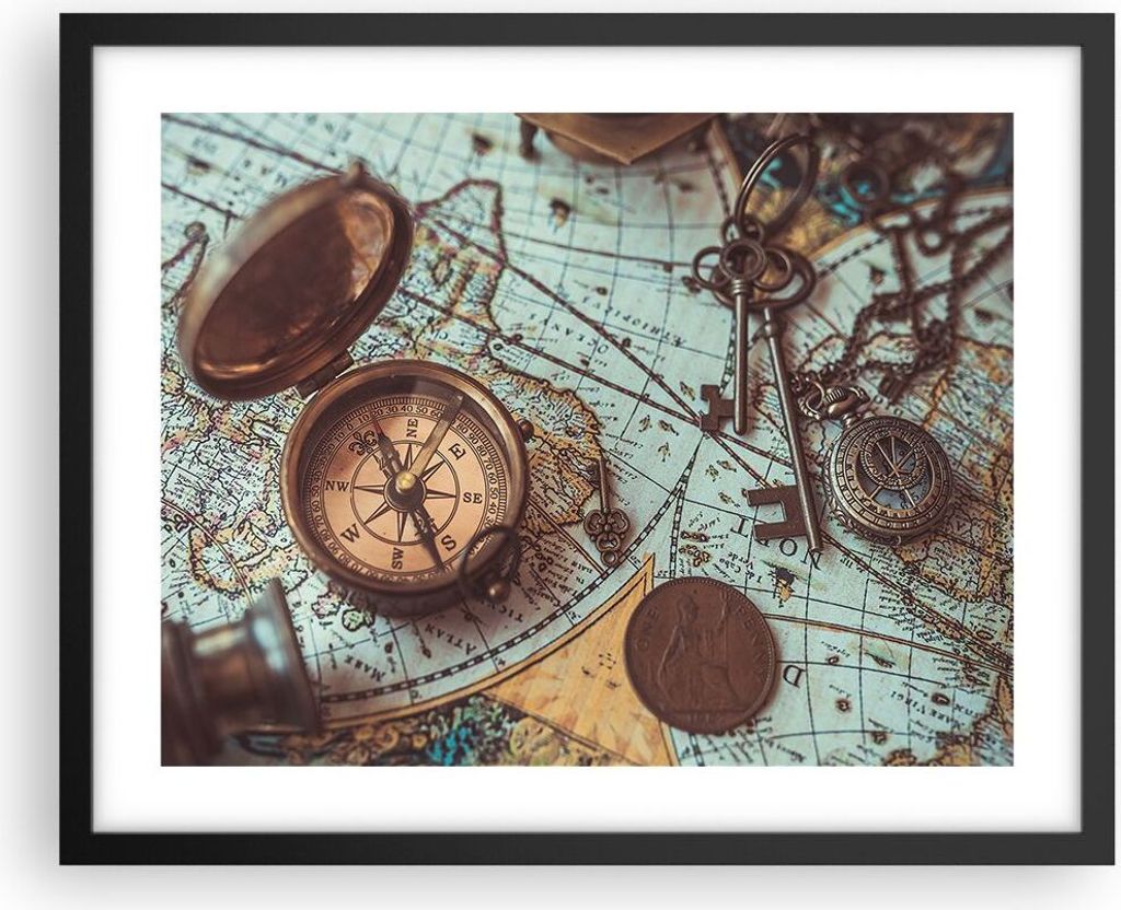 Gerahmtes Poster - Schwarzer Rahmen - Kompass Vintage Karte - 50x40 cm - Wand Bild - Wanddeko - Wandbilder - Kunstposter - Wandposter - Bilderrahme...