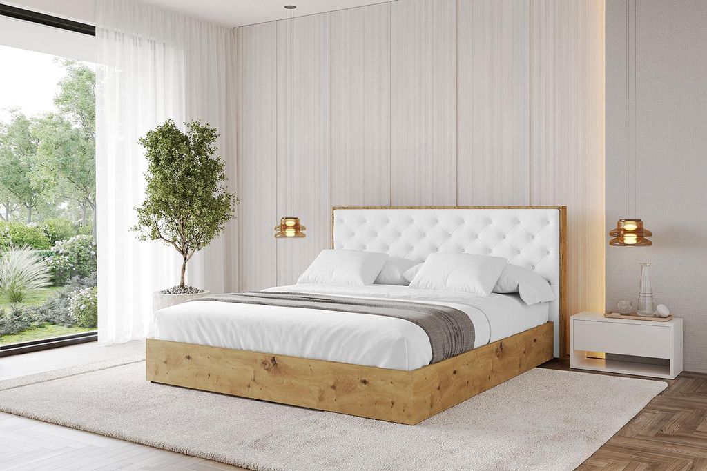 ALTDECOR Polsterbett mit Bettkasten - ENZO3 - 200x200 Weiß Kunstleder- Bett mit Kopfteil, Boxbett ohne Matratze, Doppelbett mit Stauraum