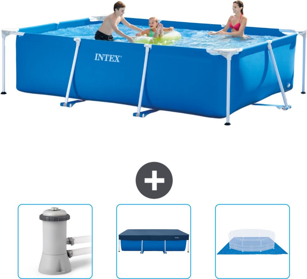 Intex-Schwimmbecken mit rechteckigem Rahmen – 300 x 200 x 75 cm – Blau – im Lieferumfang enthalten Filterpumpe für Schwimmbad - Abdeckung - ...