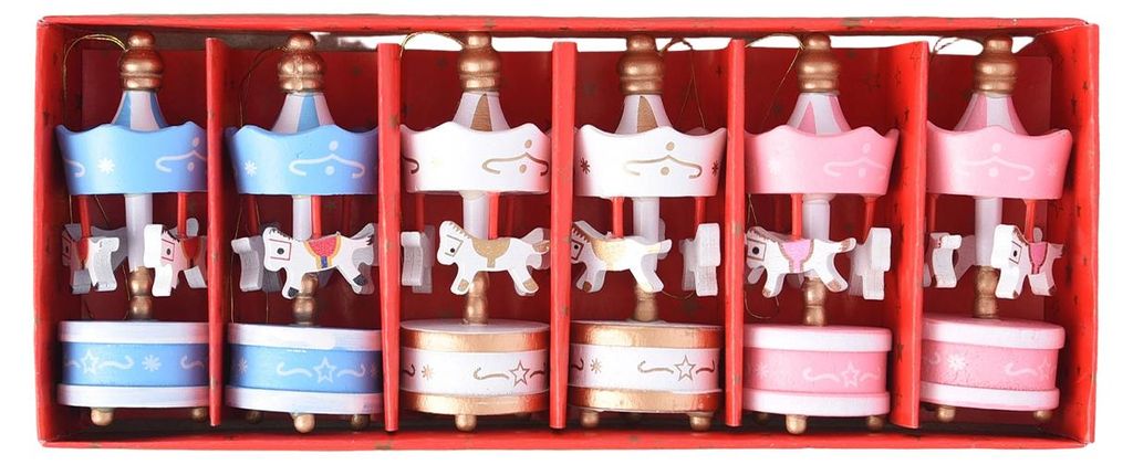 6-teiliges Set handbemalter Holzkarussell-Weihnachtsbaumschmuckstücke zum Aufhängen, ideal für Zuhause, Büro, Weihnachtsfeiern und andere festl...