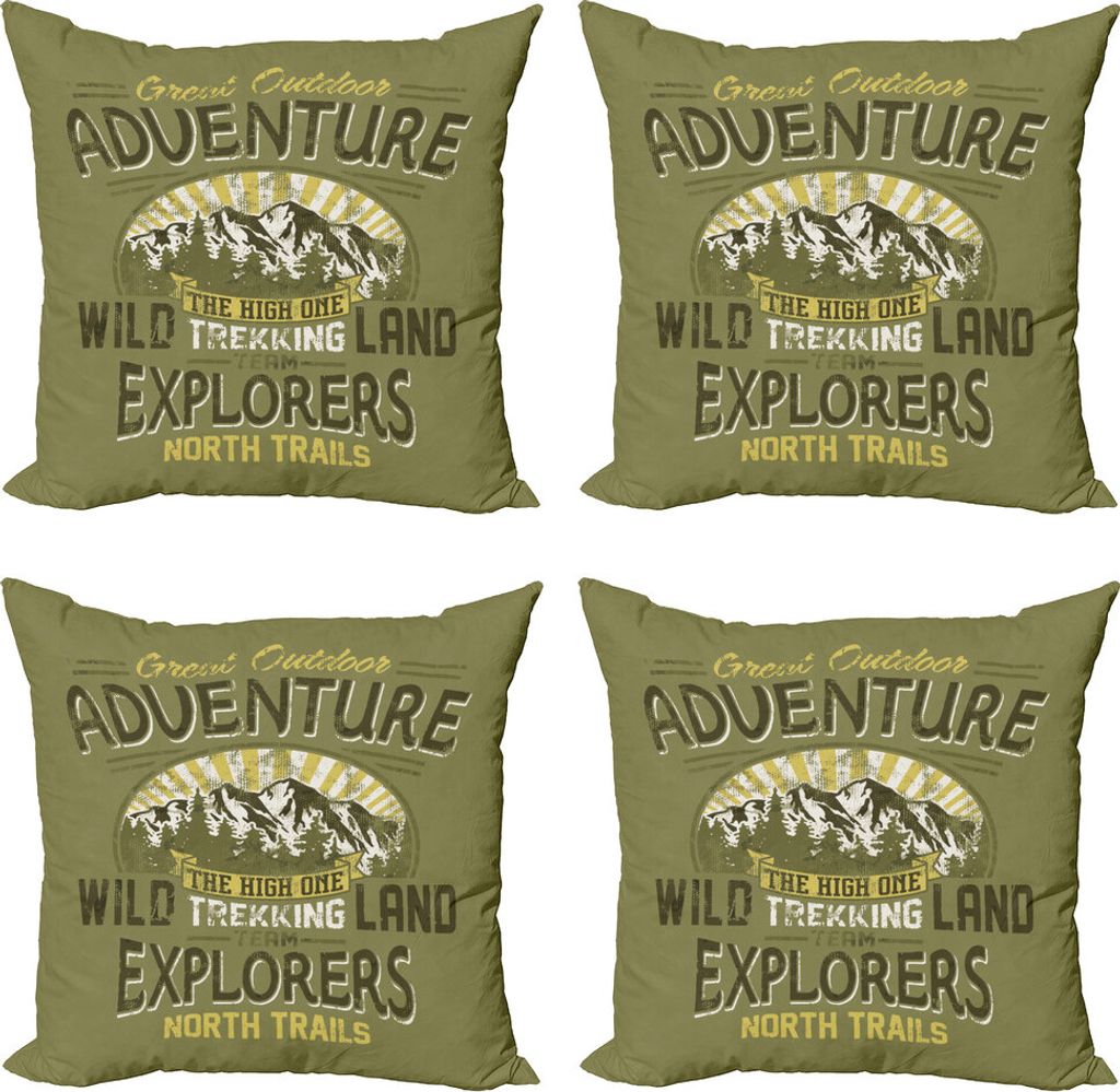 ABAKUHAUS Jahrgang Kissenbezug Set (4 Stück), Outdoor Adventure Poster, Moderner Doppelseitiger Digitaldruck, 40 cm x 40 cm, Olive Grün und Gelb