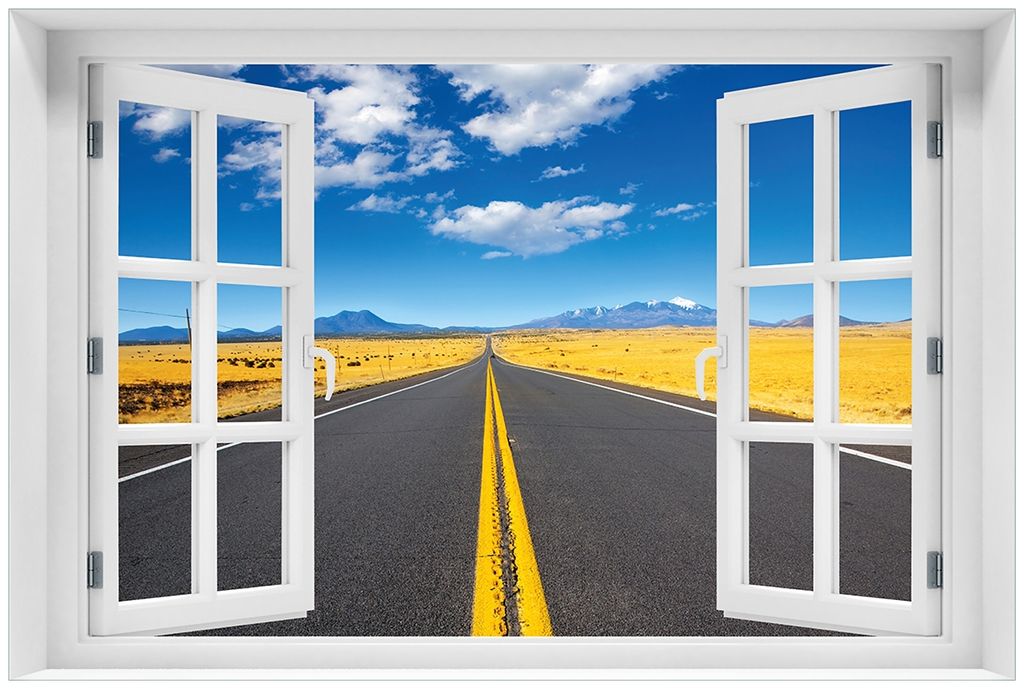 Wallario Premium Glasbild mit Fensterrahmen, freischwebende Optik, kräftige Farben, Größe 60 x 90 cm Motiv Route 89 in Arizona - Am Ende der Hor...