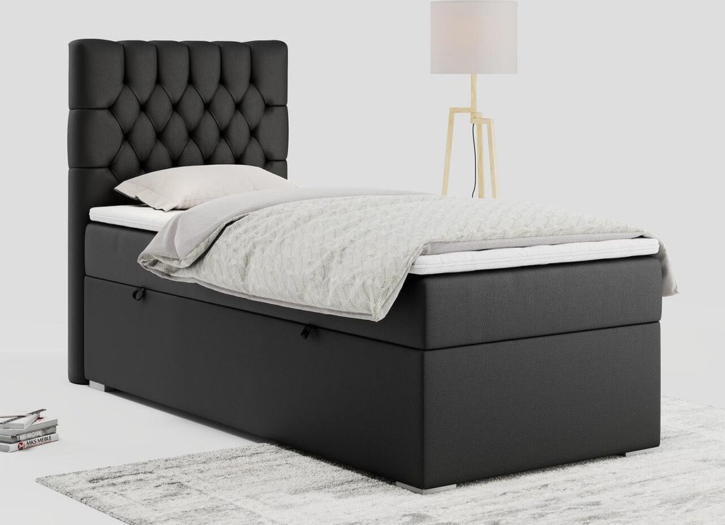 Einzelbett - Boxspringbett 90x200 mit Bettkasten und Matratzentopper - PERA 90 - links - Schwarz - H3
