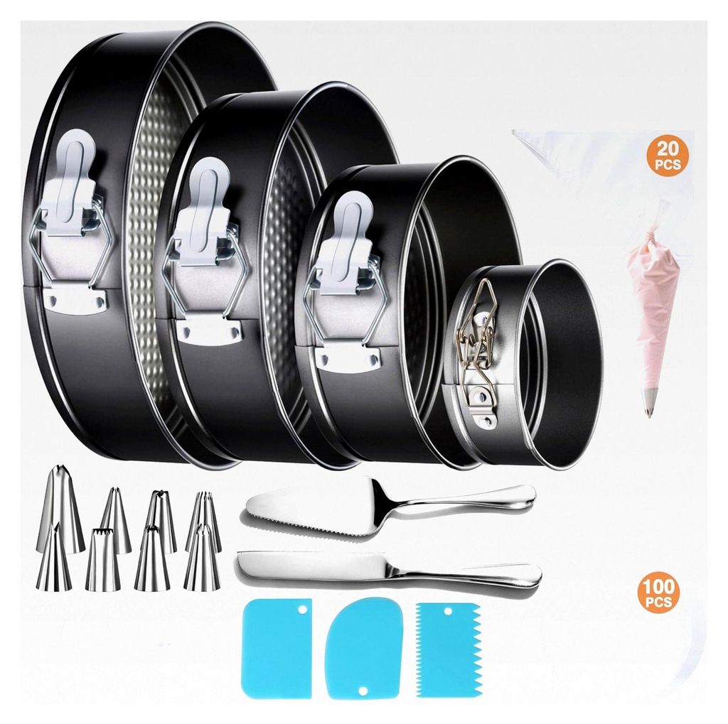 139-teiliges Springform-Set - Antihaftbeschichtete 4 Kuchenformen (11/18/23/26 cm) + Zubehör zum Dekorieren von Kuchen: Backpapier, Spritzbeutel u...
