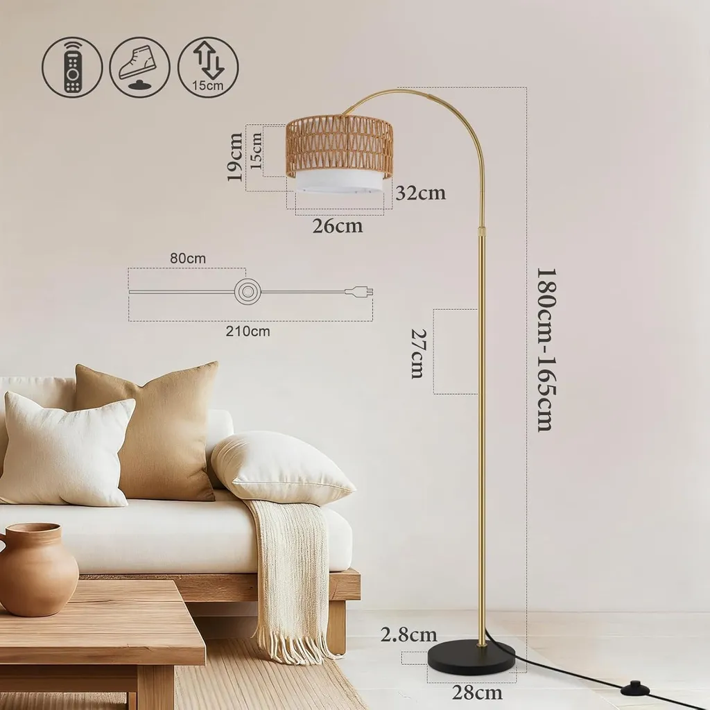 Lampadaire Rotatif 350° en Rotin Doré Dimmable avec LED et Télécommande