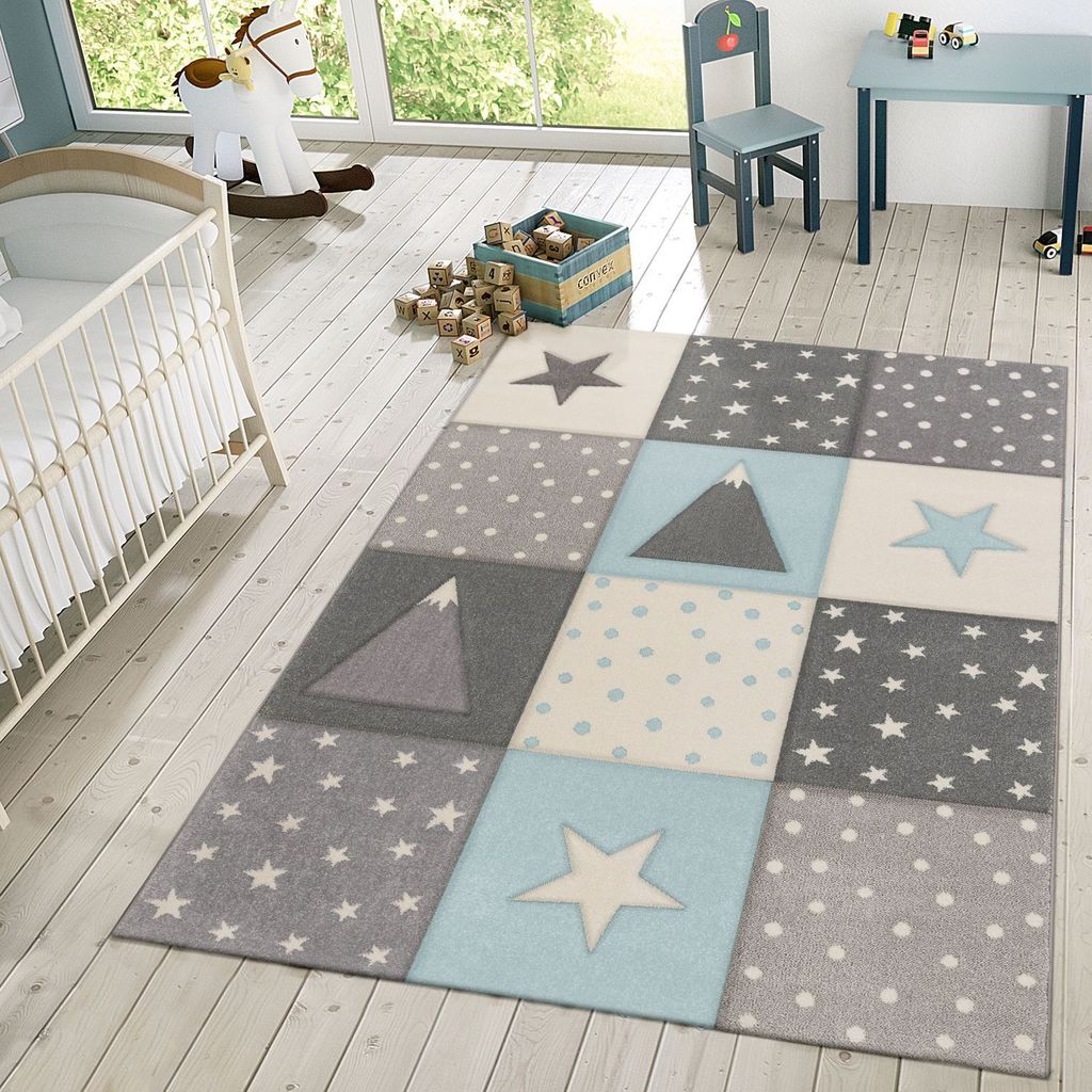 TT Home Kinder Teppich Spielteppich Karos Punkte Sterne Mond Pastell Türkis Weiß Grau Größe 160 cm Rund