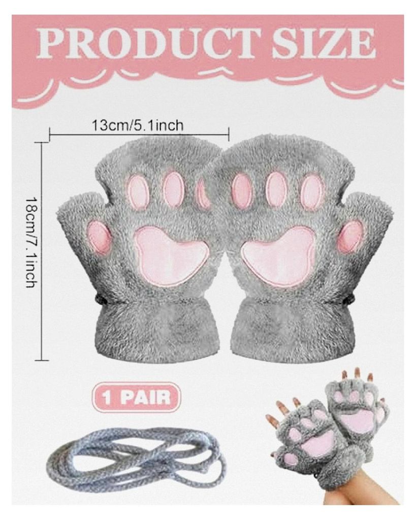 1 Paar Fingerlose Halbhandschuhe für Mädchen, Plüsch, warm, Cartoon Tierdesign Bär Katze, Winterhandschuhe (Grau)