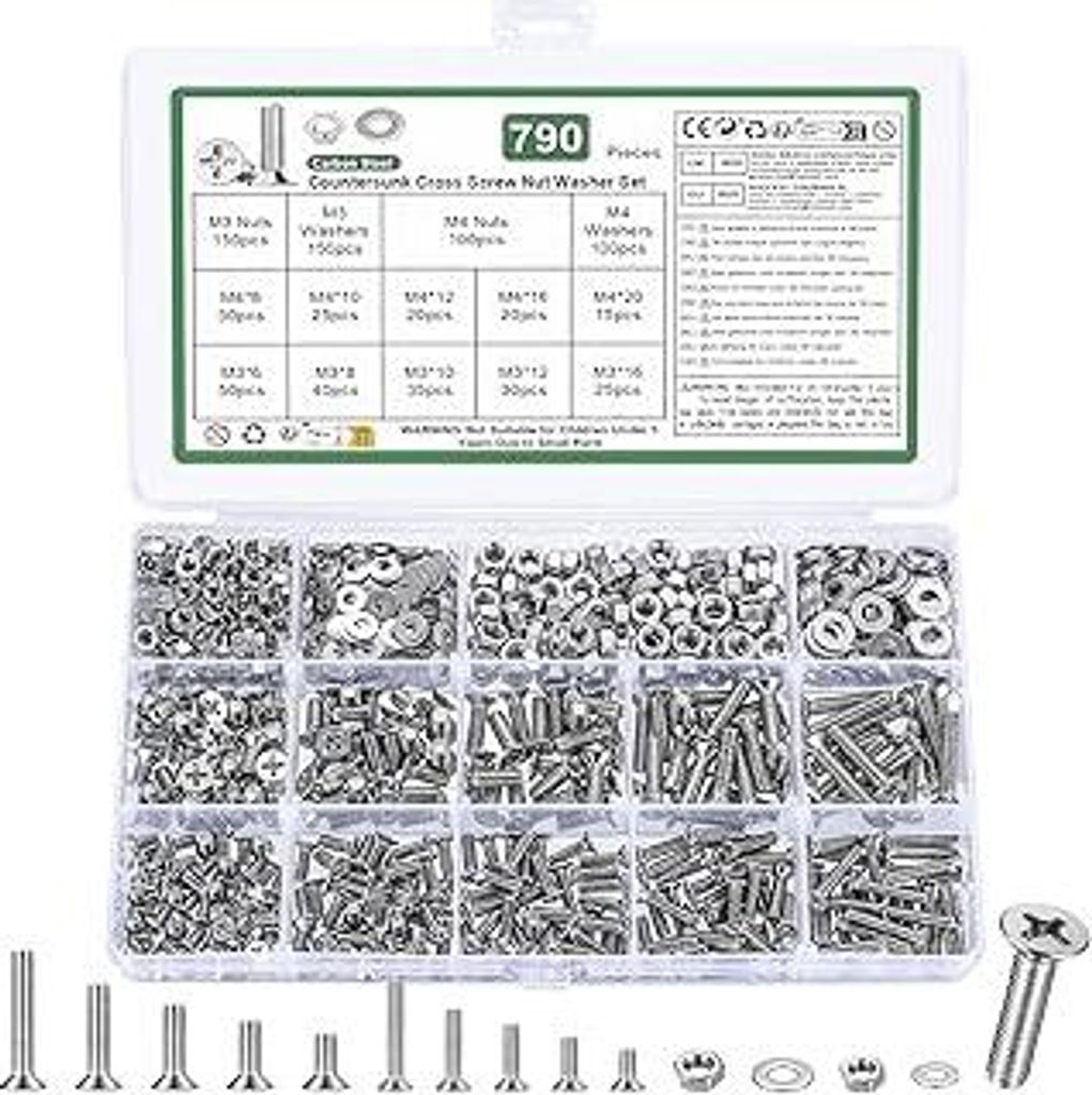 790 Stk M3 M4 Schrauben Set, Senkkopfschrauben Muttern Set, Flachkopfschrauben und Muttern Set, Kreuzschlitz Maschinenschrauben Sortiment Kit mit U...