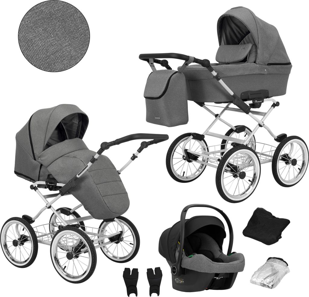 Kinderwagen ROMANTIC Sportwagen Babywagen Babyschale Komplettset Kinder Wagen Set 3 in 1 (ROM-06, Rahmenfarbe: grau)