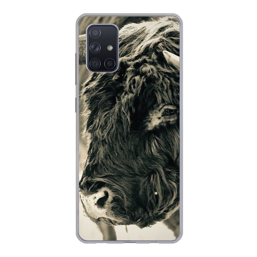 MuchoWow Handyhülle Schutzhülle Hülle für Samsung Galaxy A51 Schottischer Highlander - Schnee - Hörner Silikon Softcase Handy Hülle - Schut...