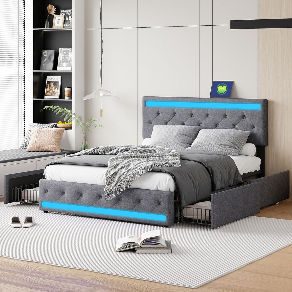 ProximaX Polsterbett 140x200cm, Doppelbett mit Leinenstoff in Dunkelgrau, Kopfteil mit LED-Leiste + langem USB-Anschluss + LED-Leiste am Fußende, ...