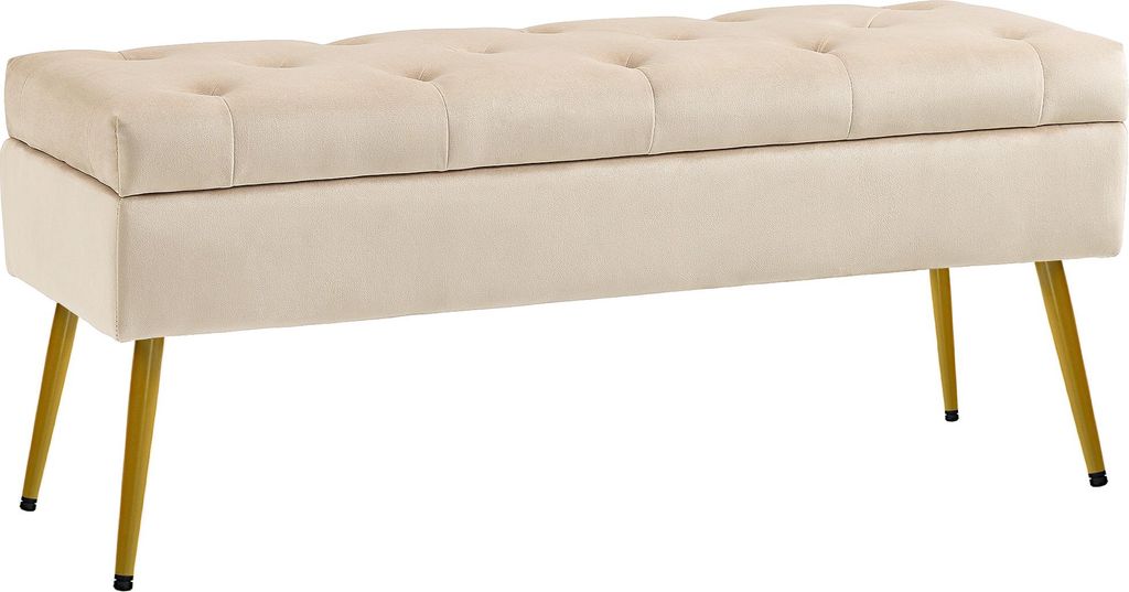 Stauraum-Sitzbank in Samtoptik, gepolsterter Fußhocker mit getuftetem Design, Metallrahmen, 102 x 35 x 43 cm, Beige