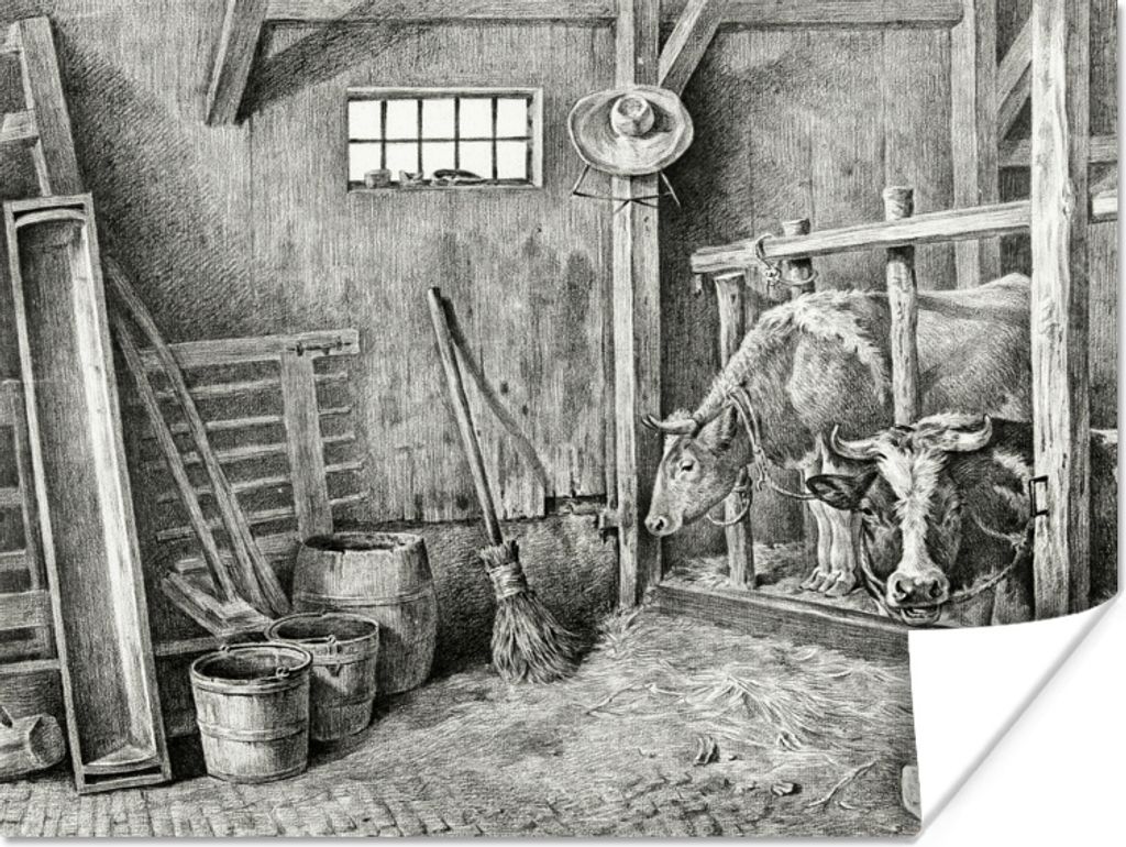 MuchoWow Poster Pferdestall mit zwei Kühen - Gemälde von Jean Bernard 120x90 cm - Wandbild