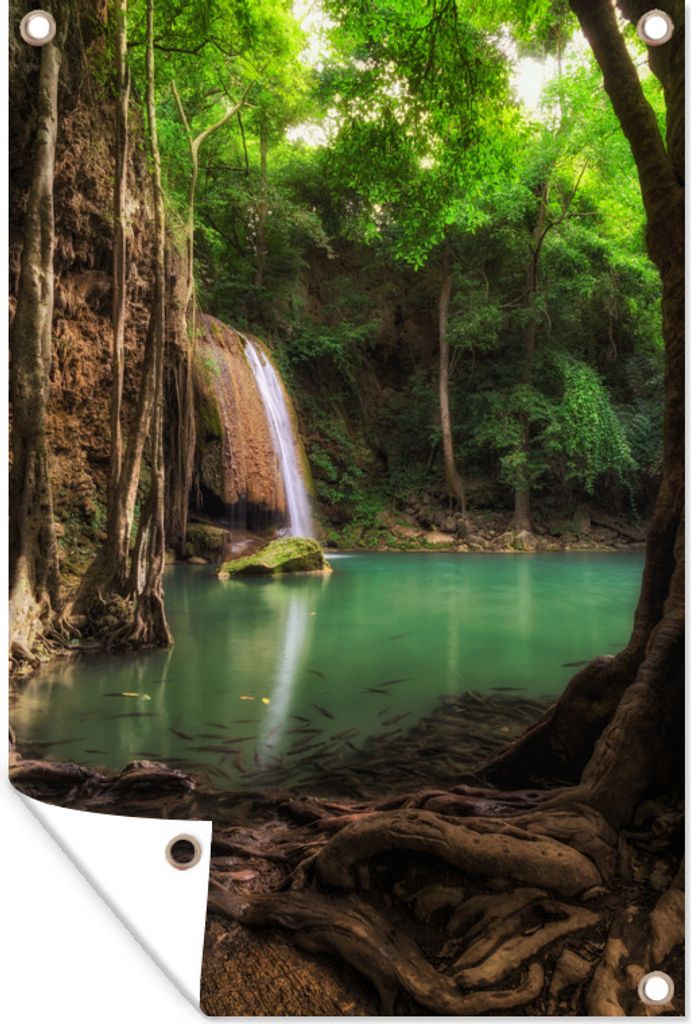 MuchoWow 60x90 cm Outdoor-Poster Gartendeko Sichtschutz Garten Poster für den Garten Dunkle Farben rund um den Wasserfall im thailändischen Er...