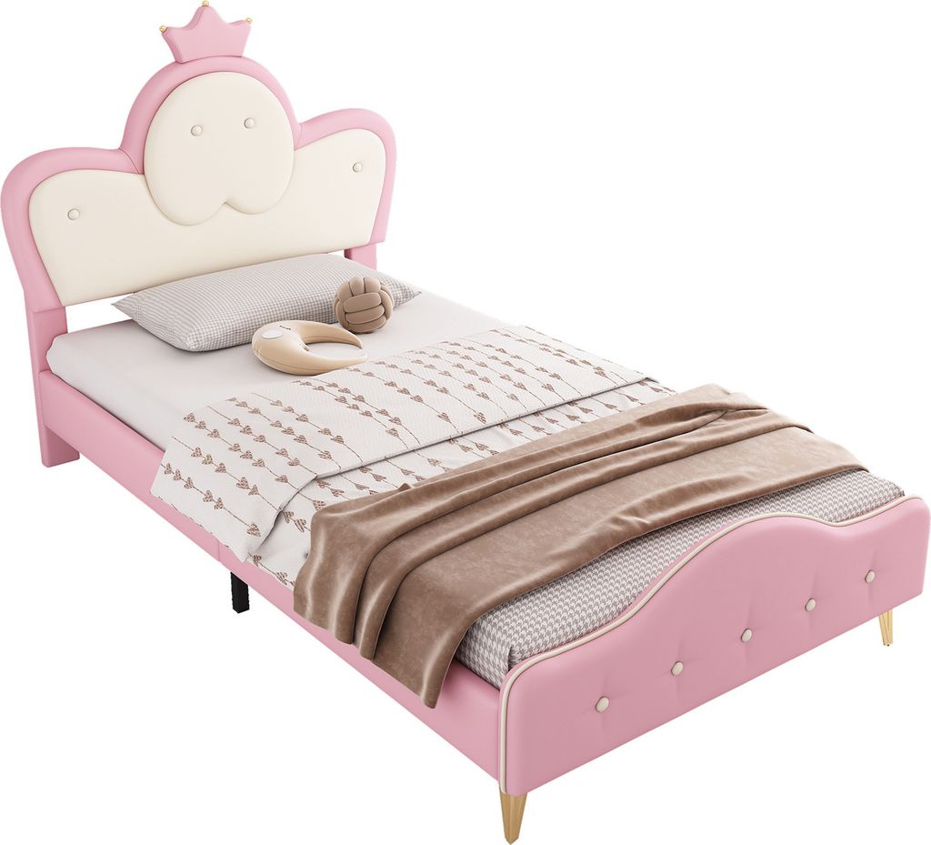 Polsterbett, Kinderbett, Monochromer LED-Streifen mit weichen Schutzkanten, Kopfteil mit Krone, Bettfüße aus Metall, Wellenform mit Zugp, PU, 90x...