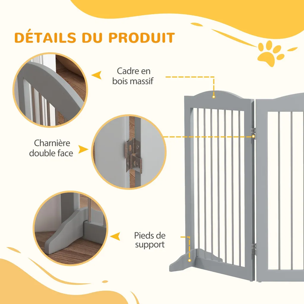 Barrière de sécurité pliable PawHut 3 panneaux grise pour chiens 80cm - 6