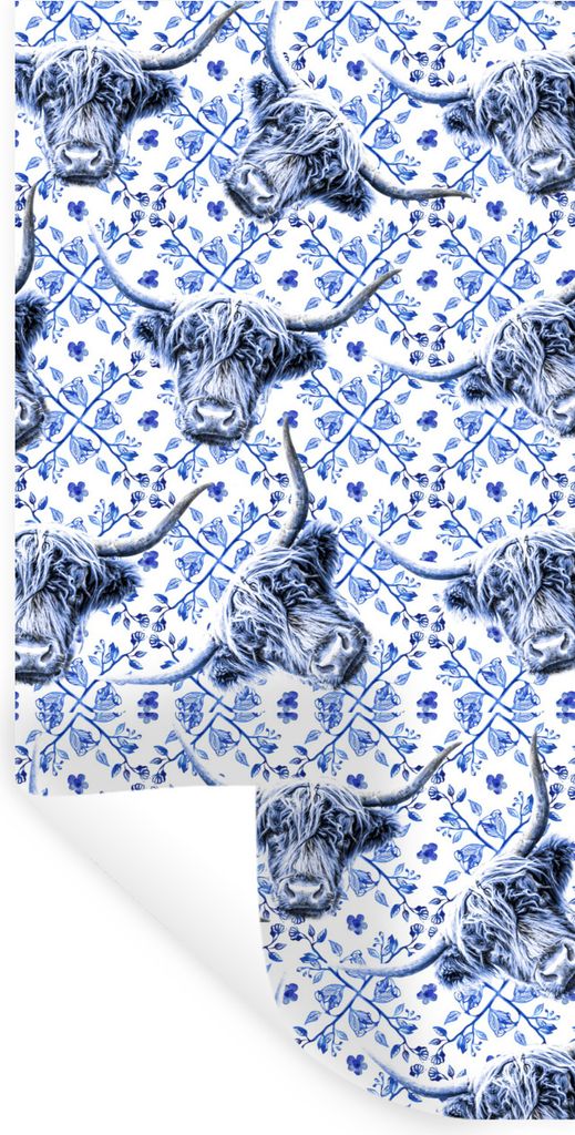 MuchoWow Wandtattoo Wandsticker Wandaufkleber Delfter Blau - Tiere - Schottischer Highlander 80x160 cm Selbstklebend und Repositionierbar - Stick...