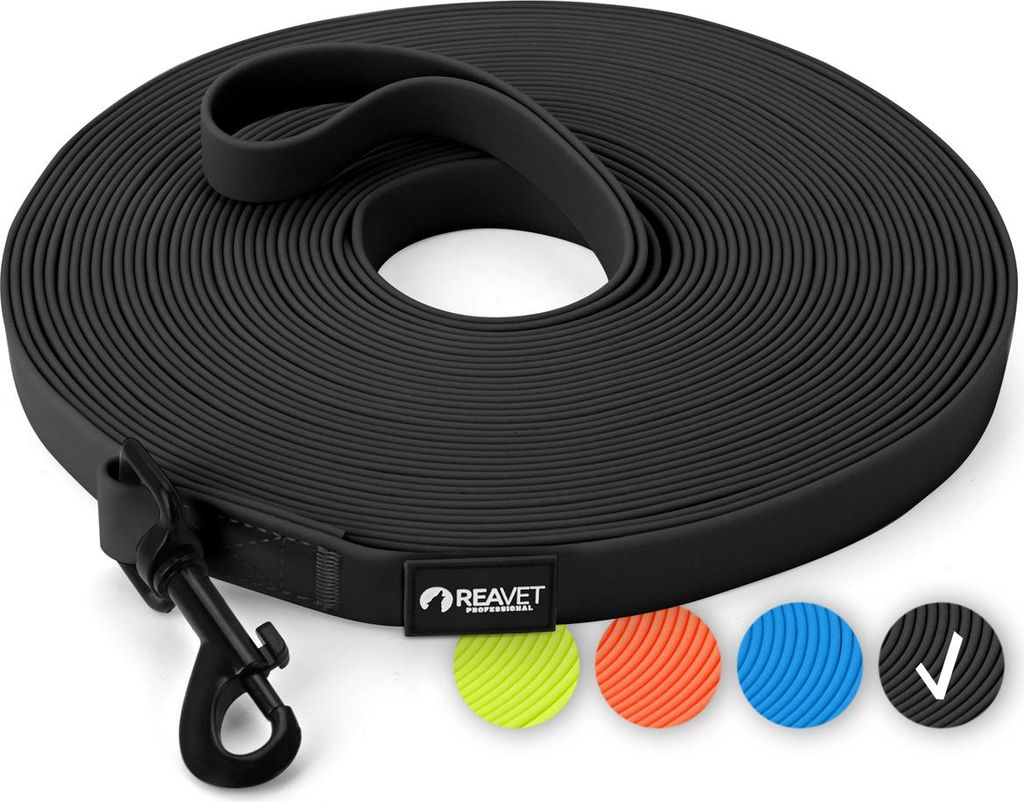 REAVET Schleppleine für Hunde 15 Meter, Schwarz I Robuste & wasserfeste Hundeleine lang I Übungsleine mit Gepolsterten Griff, Trainingsleine Lauf...